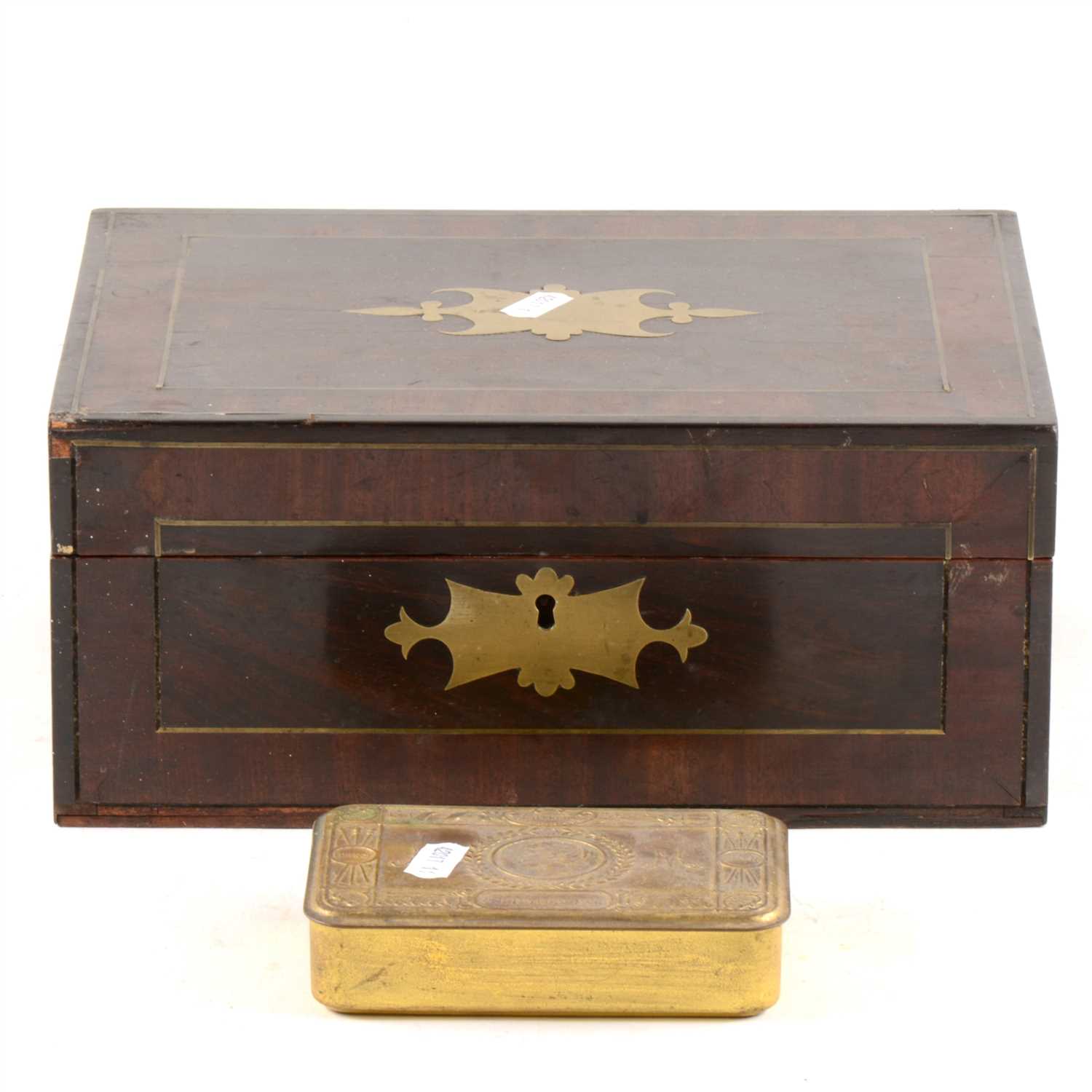Lot 88 - Victorian rosewood and mahogany brass inlaid work box, together with a Princess Mary Christmas 1914 tin