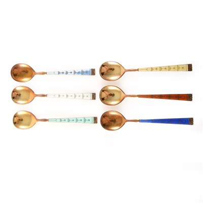 Lot 391 - A set of six Norwegian silver-gilt and enamel coffee spoons.