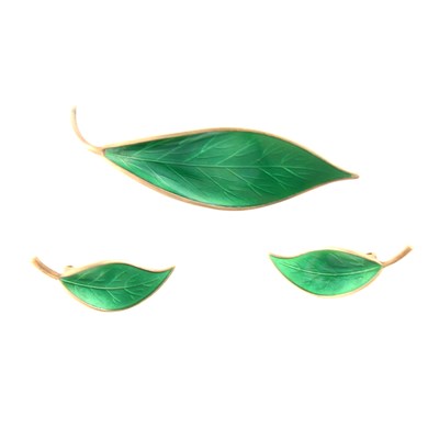 Lot 386 - A David Anderson silver-gilt green leaf brooch and earrings.