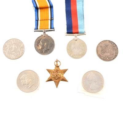 Lot 187A - Medals: Pte J L Dowson 2321, WW1 pair and WW2 group of three, plus Edward VIII commemorative coronation medal, and a collection of coins.