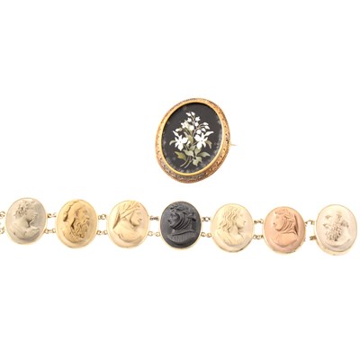 Lot 228 - A lava cameo bracelet and a pietra dura brooch