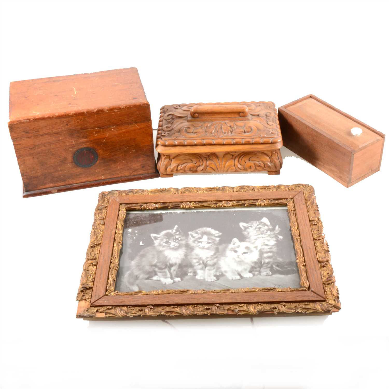 Lot 122 - Four wooden boxes, including a bone-backed domino set, and two photograph frames.