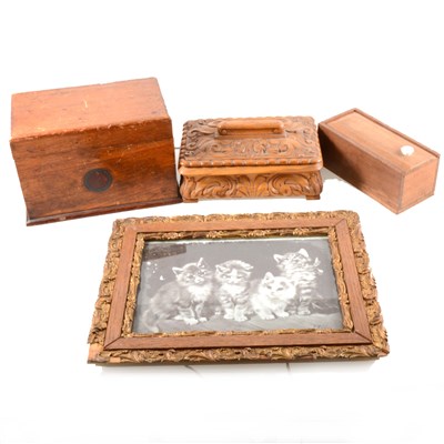Lot 122 - Four wooden boxes, including a bone-backed domino set, and two photograph frames.