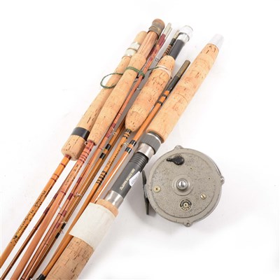 Lot 186 - A quantity of split cane fishing rods, and a JW Taylor Trudex centre pin reel