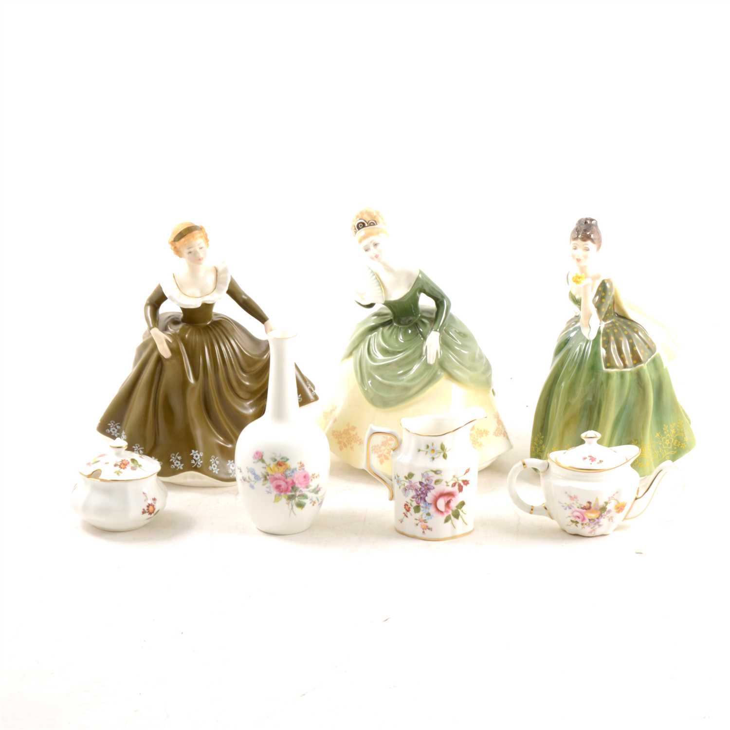 Lot 36 - Four Royal Doulton lady figures and a small collection of Royal Crown Derby