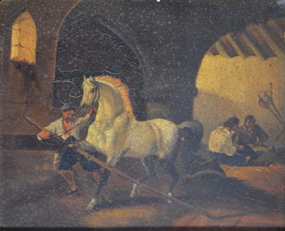 Lot 288 - Dutch School, 19th Century, Figures and a horse in an undercroft