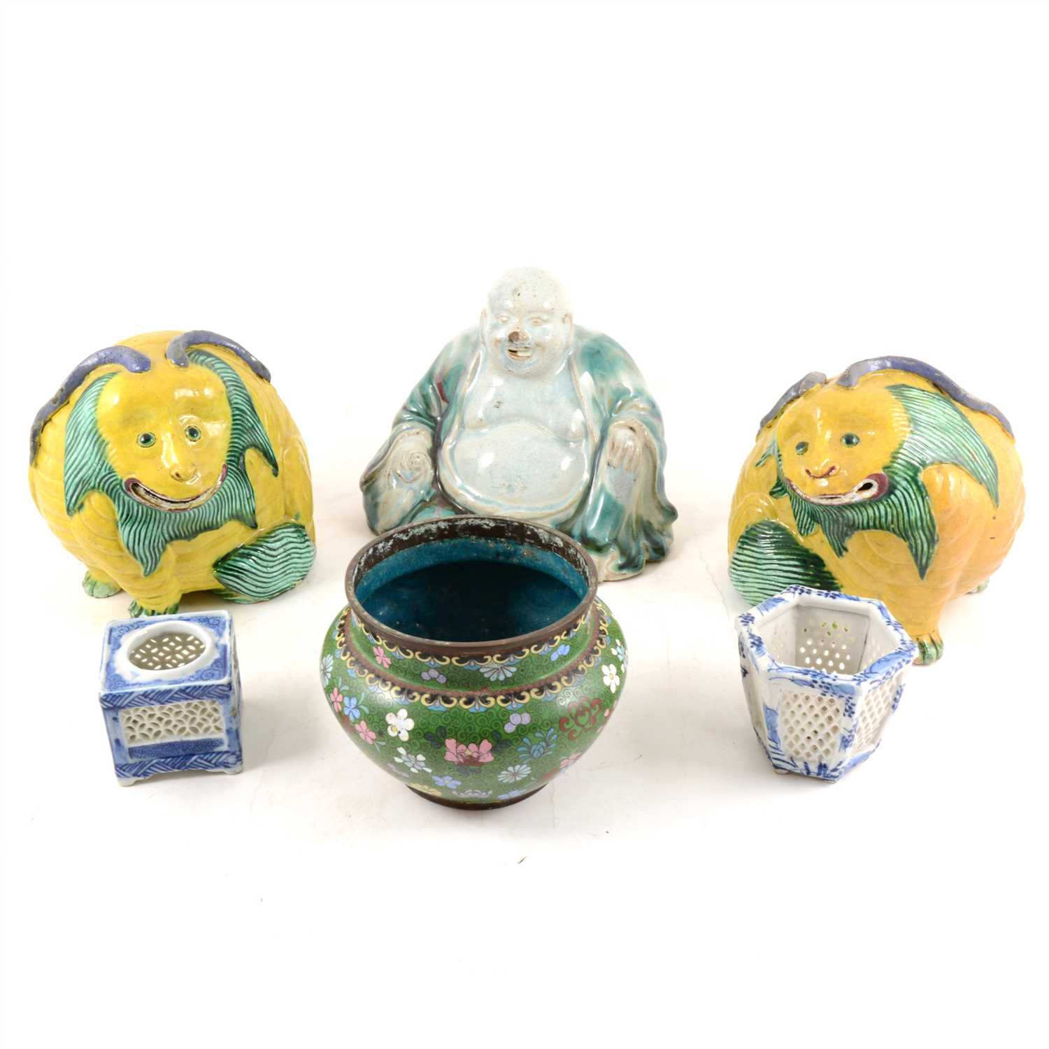 Lot 42 - Cloisonné jardinière and two additional cloisonné vases and other Asian items