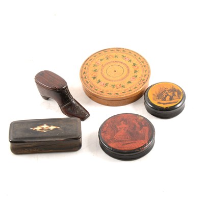Lot 100 - Six items of treen, including Victorian snuff box in the shape of a shoe, small  turned boxes etc.