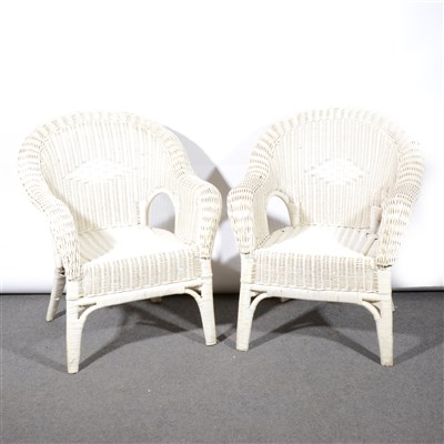 Lot 407 - A pair of white painted woven cane conservatory chairs