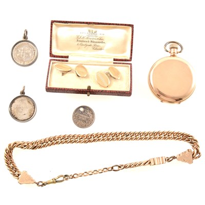 Lot 234 - A pair of 9 carat rose gold cufflinks, a full hunter gold-plated pocket watch and belcher chain, two East Indian Railway Vol Rifles competition medals, and a silver shilling.