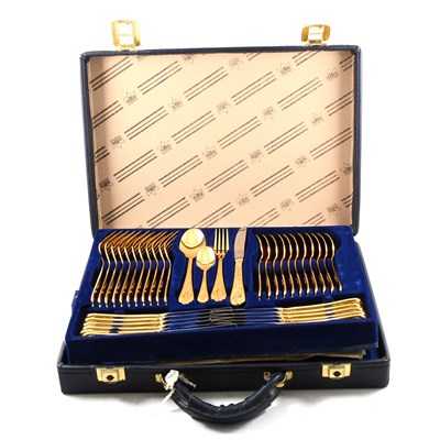 Lot 163 - A canteen of chromed nickel gold plated cutlery, by SBS Solingen, Wien pattern, 12 place settings