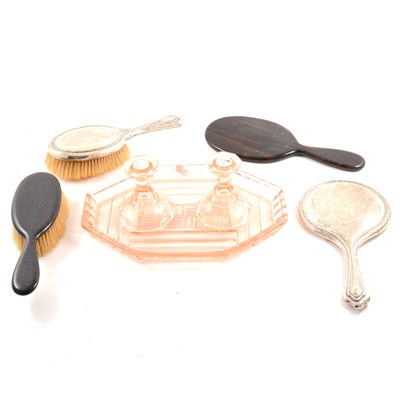 Lot 110 - A silver-backed dressing table set, press moulded glass dressing table set, etc