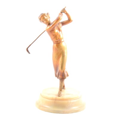 Lot 135 - Art Deco gold patinated spelter figure of a lady golfer