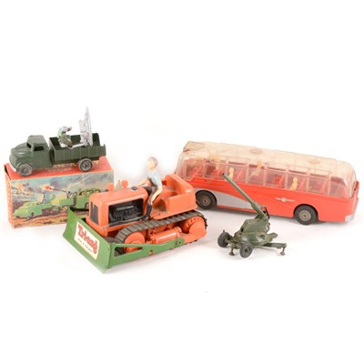 Lot 223 - Four toys including Mettoy coach, caterpillar tractor, anti-aircraft gun and lorry.