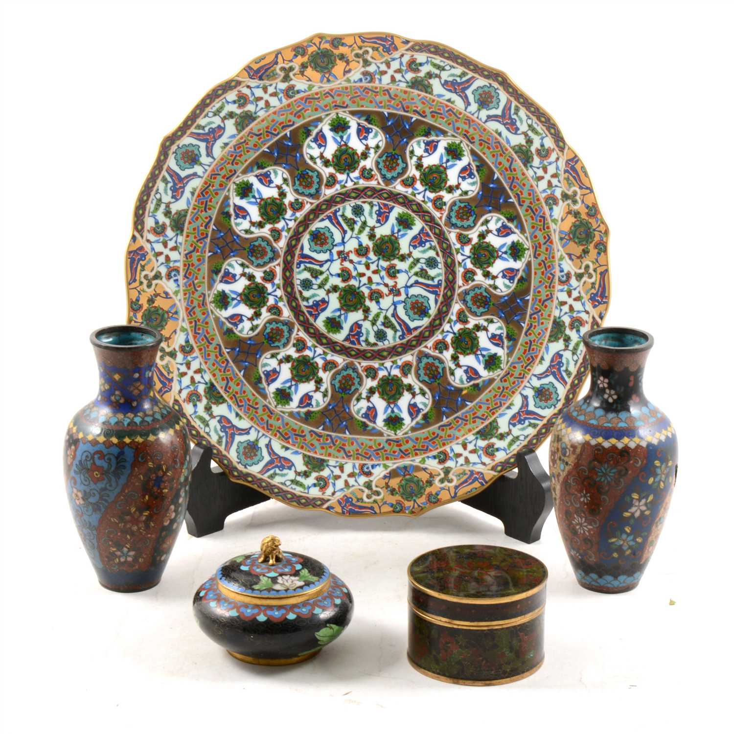 Lot 16 - A pair of cloisonné vases, two cloisonné boxes and covers, and a plate.