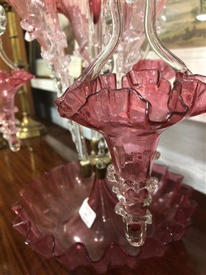Lot 64 - A Victorian cranberry glass epergne