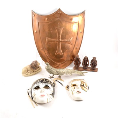 Lot 136 - Decorative copper shield, decorative masquerade wall masks, etc.