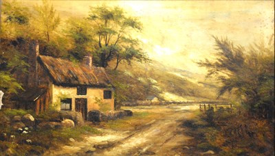 Lot 265 - English School, travellers on a country path, oil on board, and other pictures