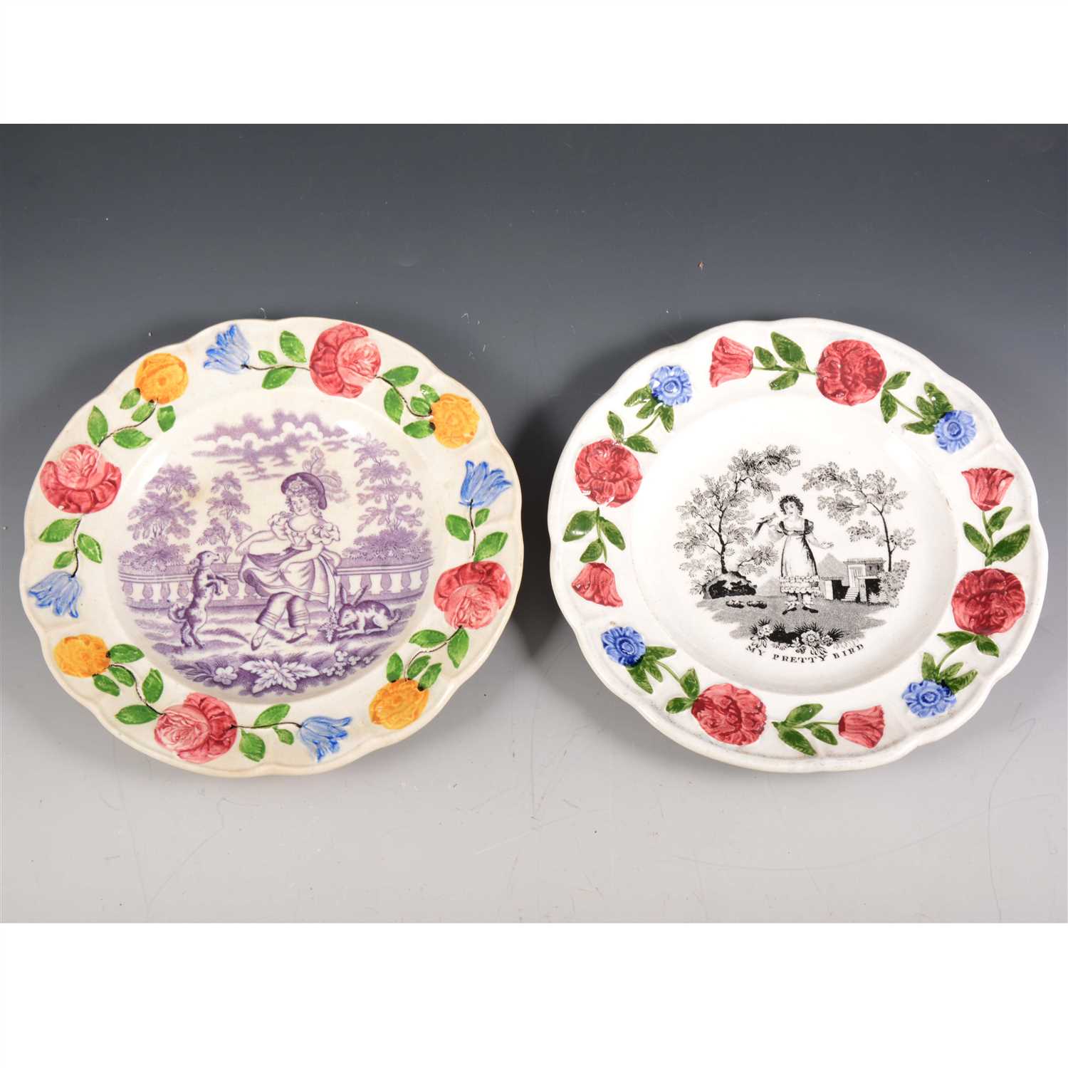 Lot 17 - Two Pearlware type nursery plates, My Pretty Bird, 1830's, and Child dancing