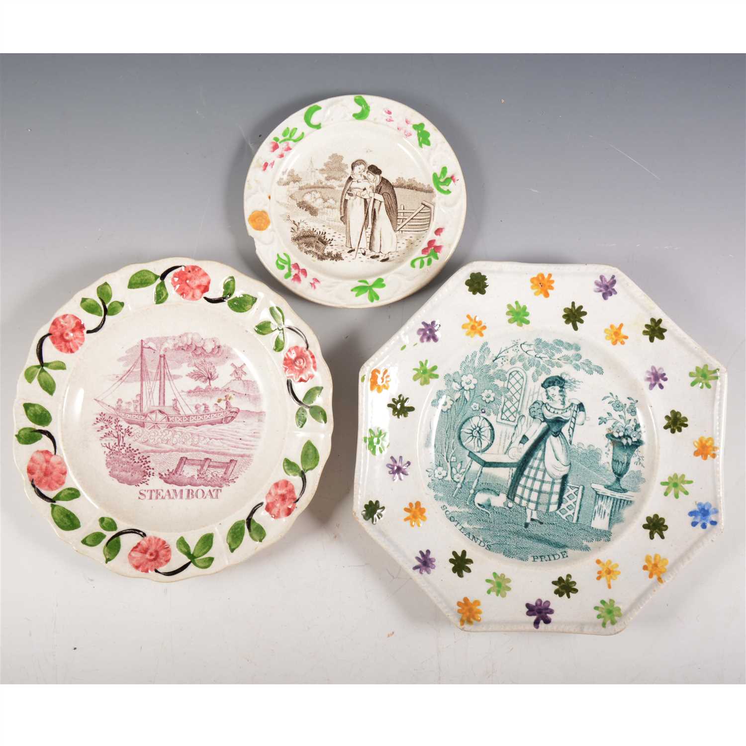 Lot 18 - A Staffordshire nursery plate, Steamboat, Goodwins & Harris, 1830's; and two other plates