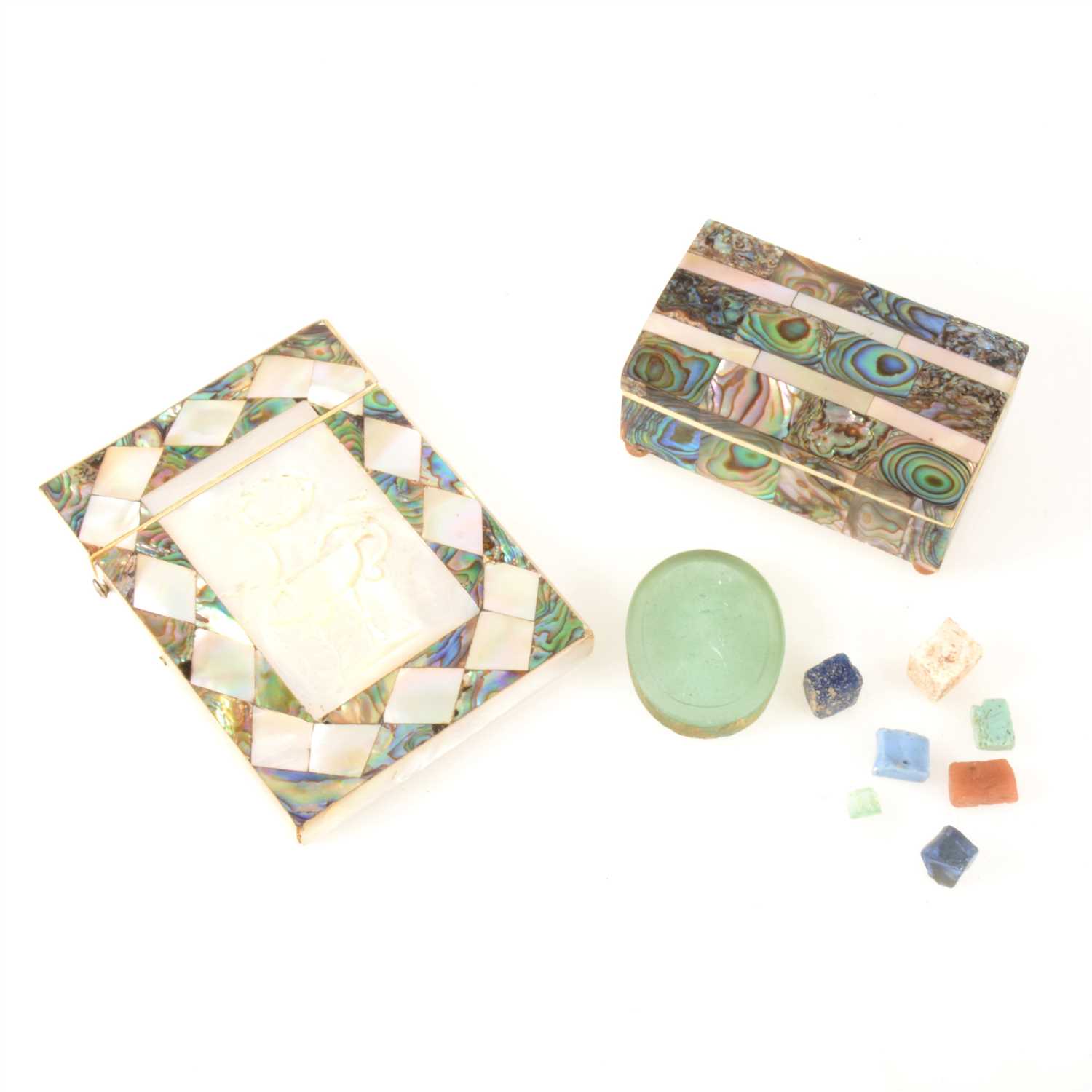 Lot 82 - A Victorian mother of pearl and abalone visiting card case; a similar box.