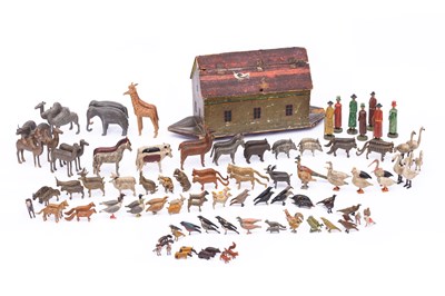 Lot 112 - A Noah's Ark wooden toy; German made c1860 , with 128 animal figures, and seven human figures