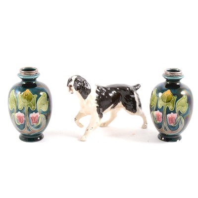 Lot 75 - Pair of Art Nouveau pottery vases, with silver collars, and a Beswick pointer