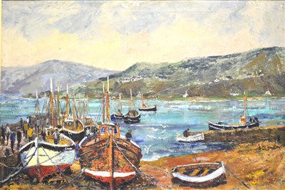 Lot 506 - Peter Spicer, fishing boats by a jetty, oil on...