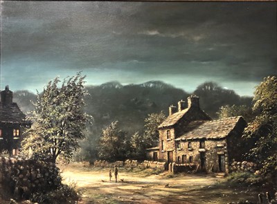 Lot 379 - John Preston, village scene at dusk, oil on canvas