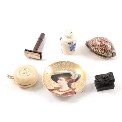 Lot 101 - Box of small collectables, including miniature portraits, cowry shell snuff box, etc