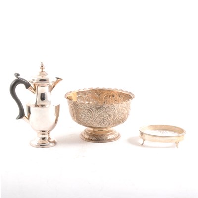 Lot 210 - A silver repousse chased pedestal bowl, small silver coffee pot and a glass butter dish in silver stand.
