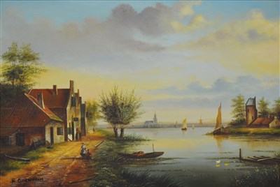 Lot 279 - R Dornheim, Dutch canal scene, oil on canvas