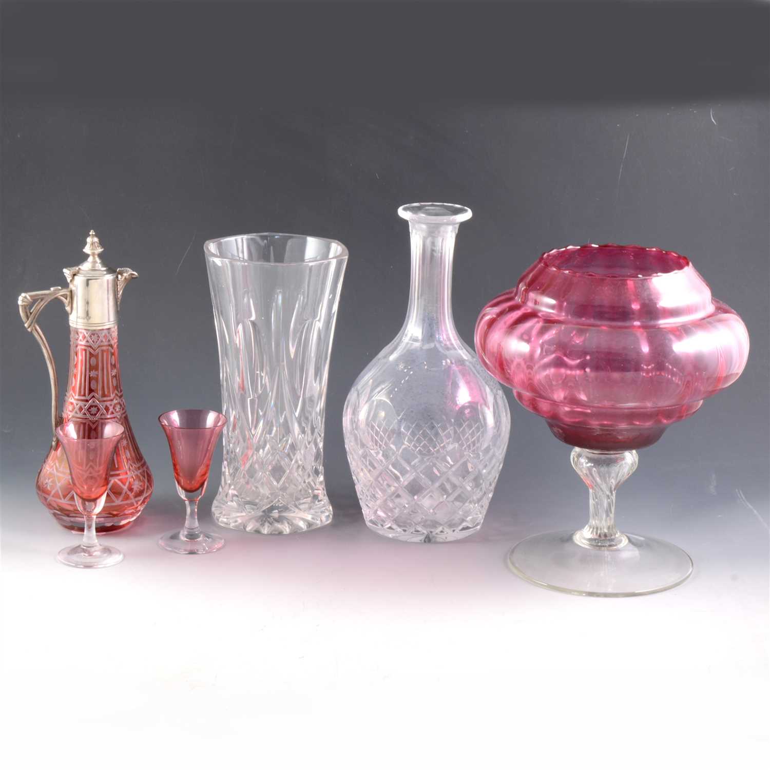 Lot 57 - A Victorian ruby overlaid claret jug, plated mounts,, small collection of cranberry glass and crystal