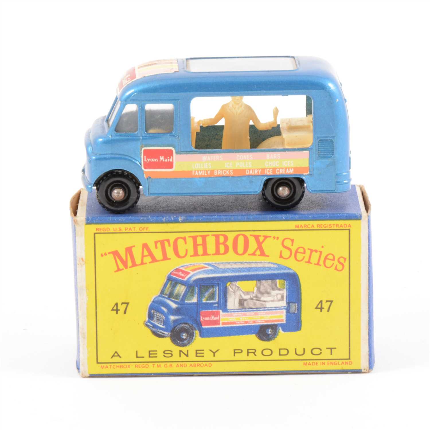 Lot 266 - Matchbox Toys; no.47 Lyons Maid Ice-Cream mobile shop, metallic blue body cream interior, boxed.