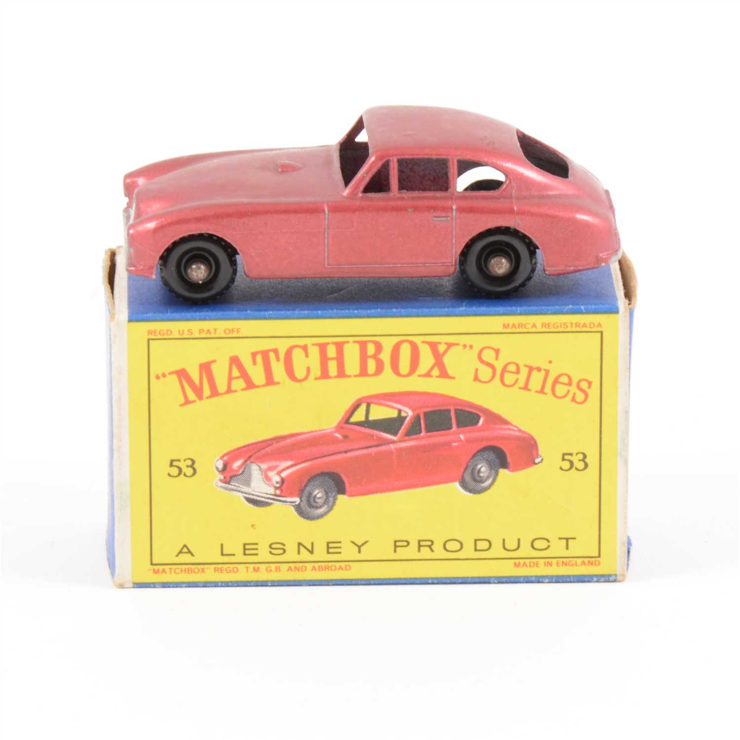 Lot 265 - Matchbox Toys; no.53 Aston Martin DB2, metallic red body, black plastic wheels, boxed