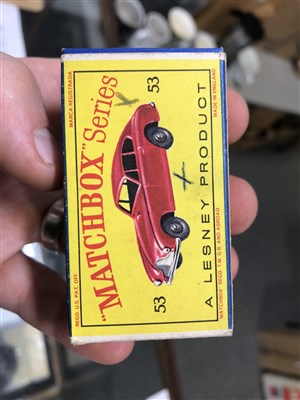Lot 265 - Matchbox Toys; no.53 Aston Martin DB2, metallic red body, black plastic wheels, boxed