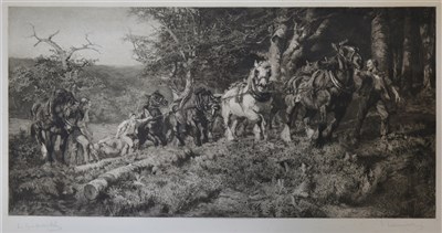 Lot 280 - William Hole after Lucy Kemp Welch, Logging, signed engraving