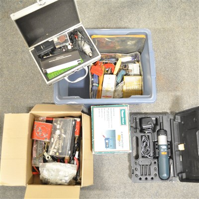 Lot 462 - Blue crate containing Hand tools, Engraving kit, Battery charger, and Black & Decker Screw Driver.