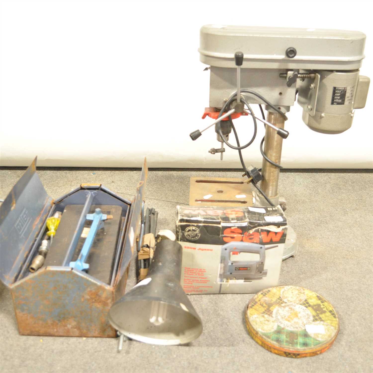 Lot 466 - BENCH MOUNTING DRILL, Tin of drills, Tools box...