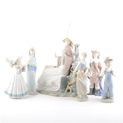 Lot 20 - A large Lladro figure, of a lady in a tall hat, and five other Lladro figures.