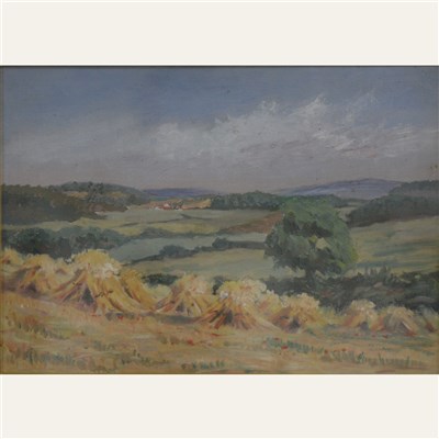 Lot 260 - English School, Summer landscape with haystacks, oil on board