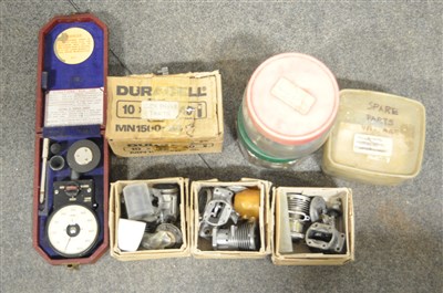 Lot 476 - SMITHS RPM meter with Box of engine spares COX, AMCO and Vintage parts.