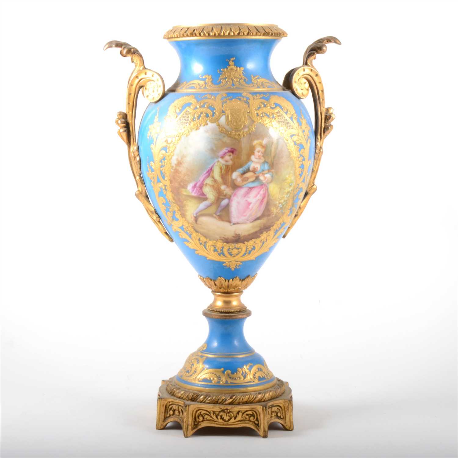 Lot 46 - A Sevres style blue celeste porcelain and gilt metal ornamental urn