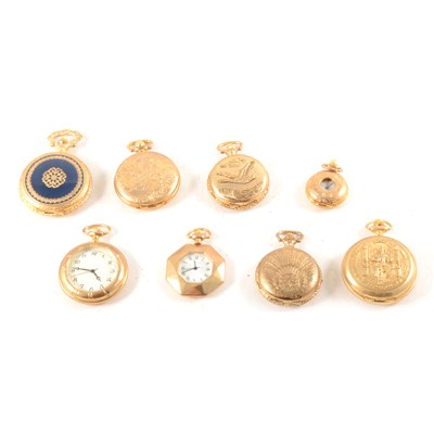 Lot 211 - Eight reproduction pocket watches, each in a metal case, mounted in a composition display frame.