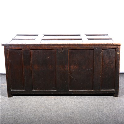 Lot 583 - A stained oak and plywood blanket box, ...