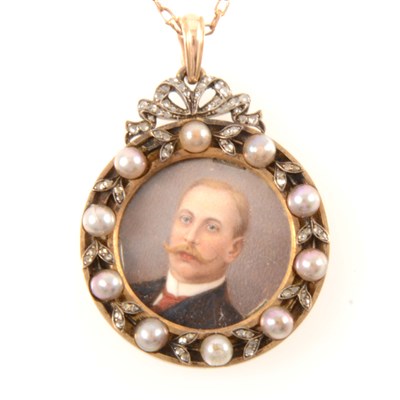 Lot 269 - A pearl and diamond pendant and chain bearing a portrait of Albert McGill.