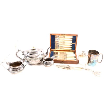 Lot 199 - Silver hip flask, cigar holder, sugar bowl and milk jug, and plated wares
