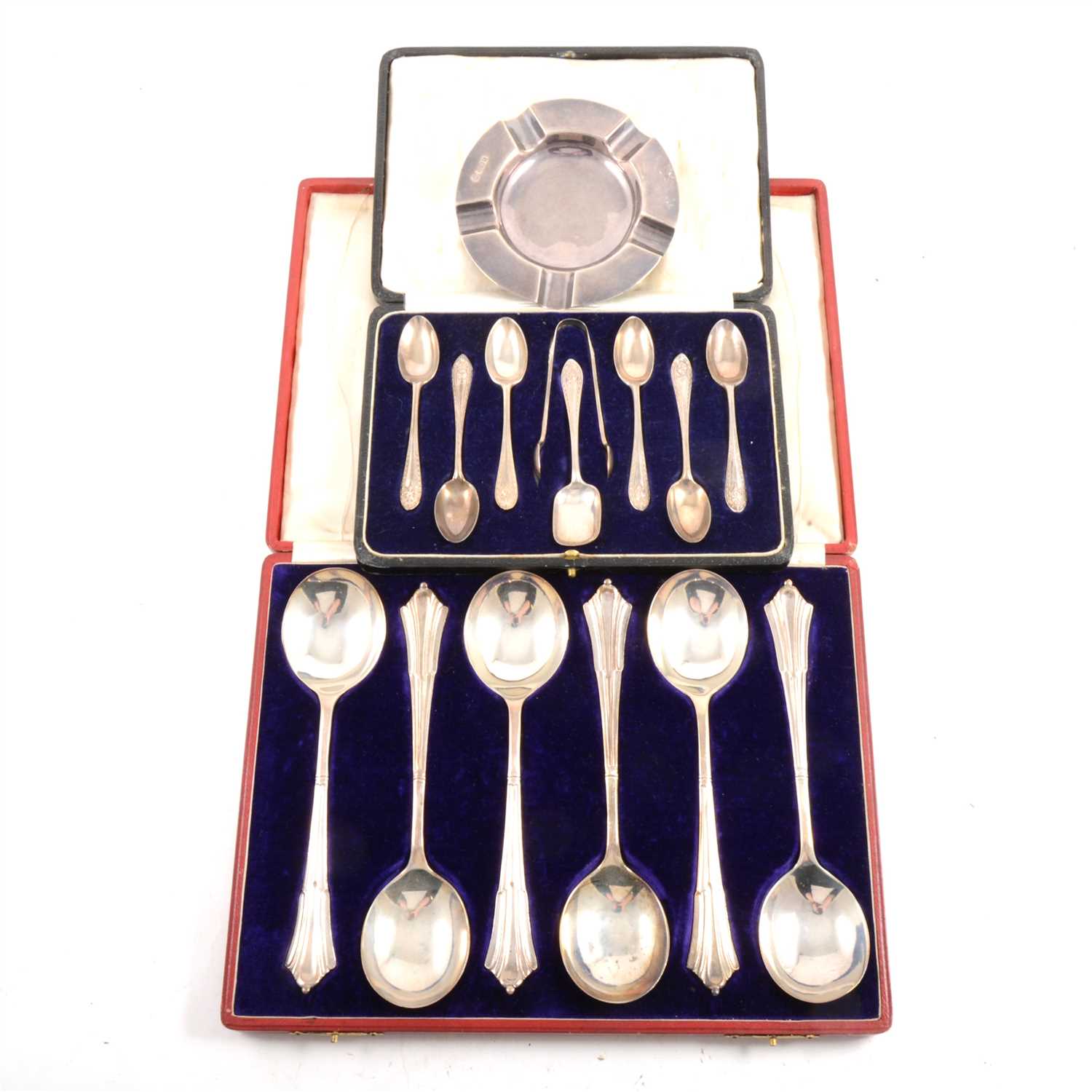 Lot 198 - Silver serving spoons, teaspoons and ashtray