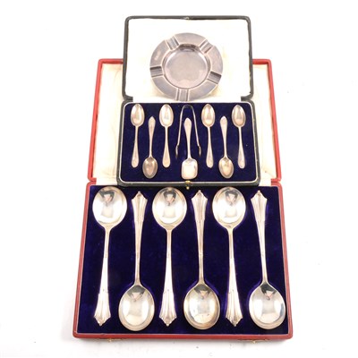 Lot 198 - Silver serving spoons, teaspoons and ashtray