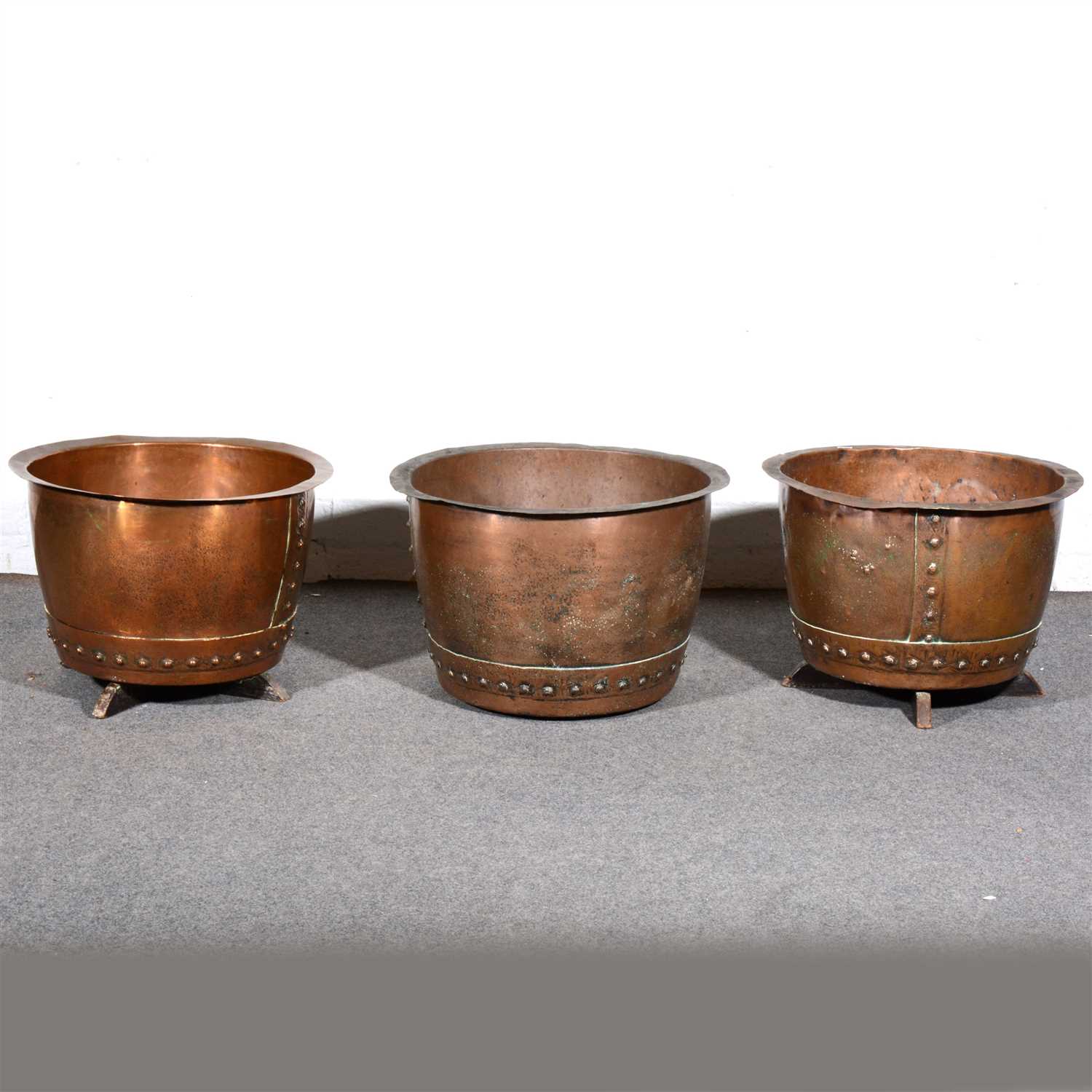 Lot 165 - A pair of copper coppers, another, and a quantity of other fireside metalware